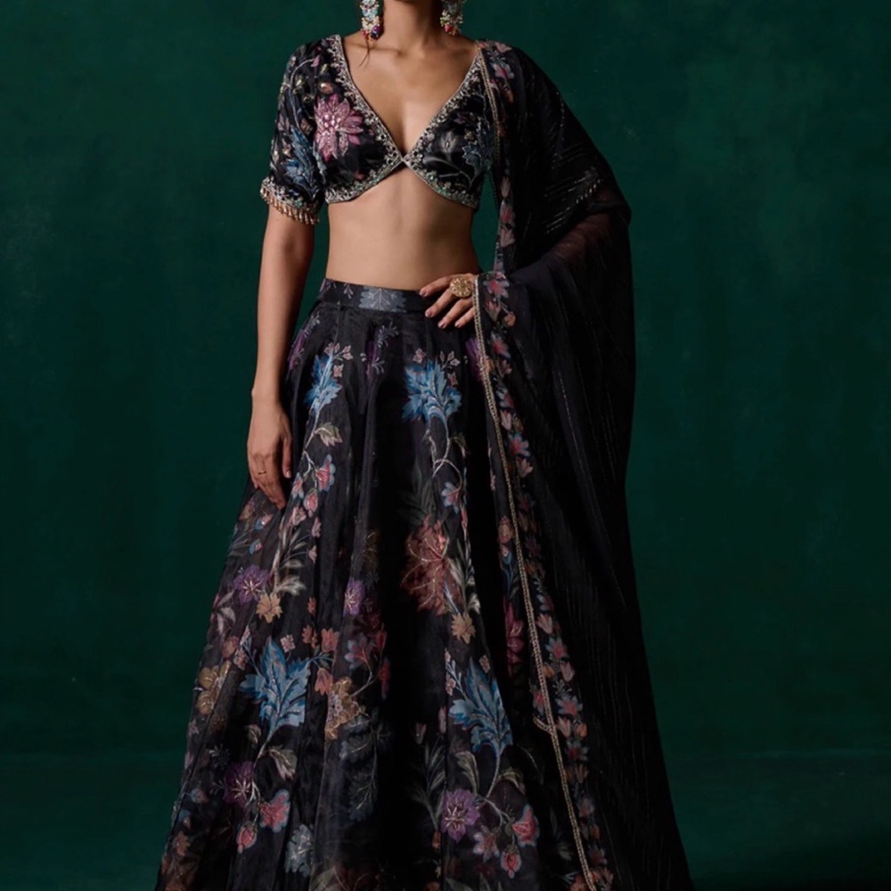 Black Floral Indian Lehenga - XS